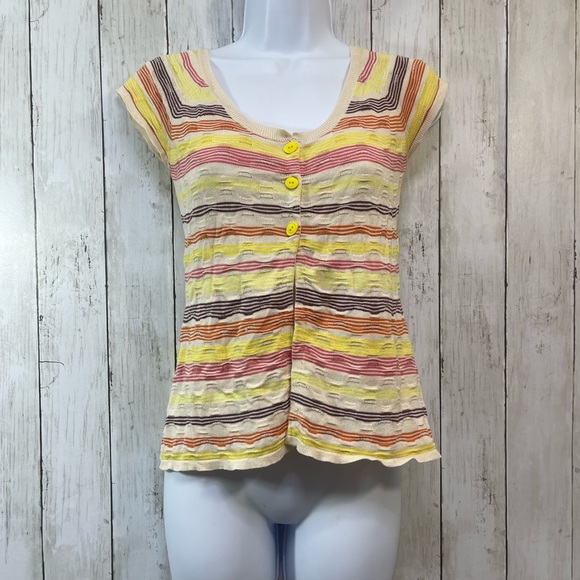 Anthropologie Sparrow Pointelle Knit 3 Button Strip Cap Sleeve Cardigan X Small - Picture 1 of 8